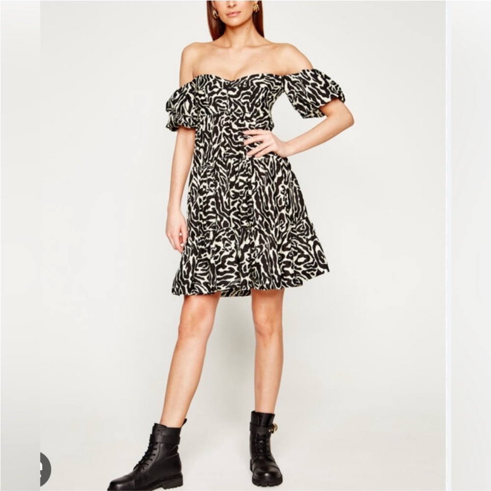 Pinko Black and White Print Off-Shoulder Tiered Mini Babydoll Dress XS / 2 NWOT